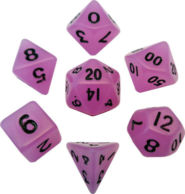 Mini Polyhedral Dice Set: Glow Purple with Black Numers