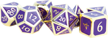 16mm Metal Polyhedral Dice Set: Gold with Purple Enamel