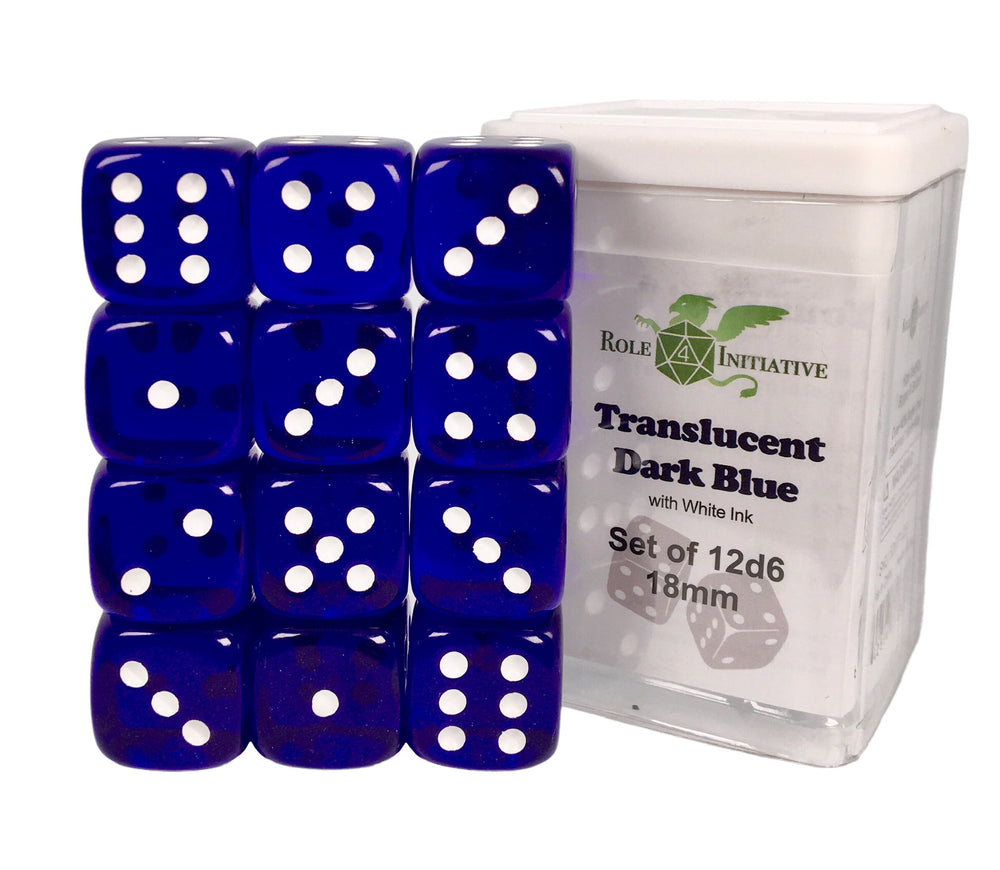 D6 Dice Set: Translucent Dark Blue with White Pips - Set of 12d6 (18mm)