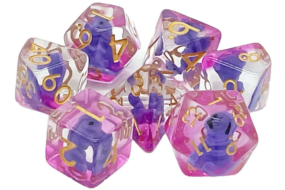 Old School 7 Piece DnD RPG Dice Set: Animal Kingdom - Baby T-Rex - Purple