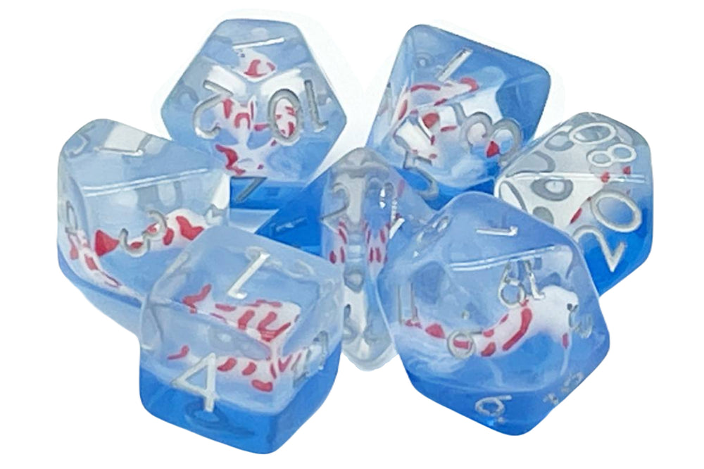 Old School 7 Piece DnD RPG Dice Set: Animal Kingdom - Koi Fish - Red w/ Blue