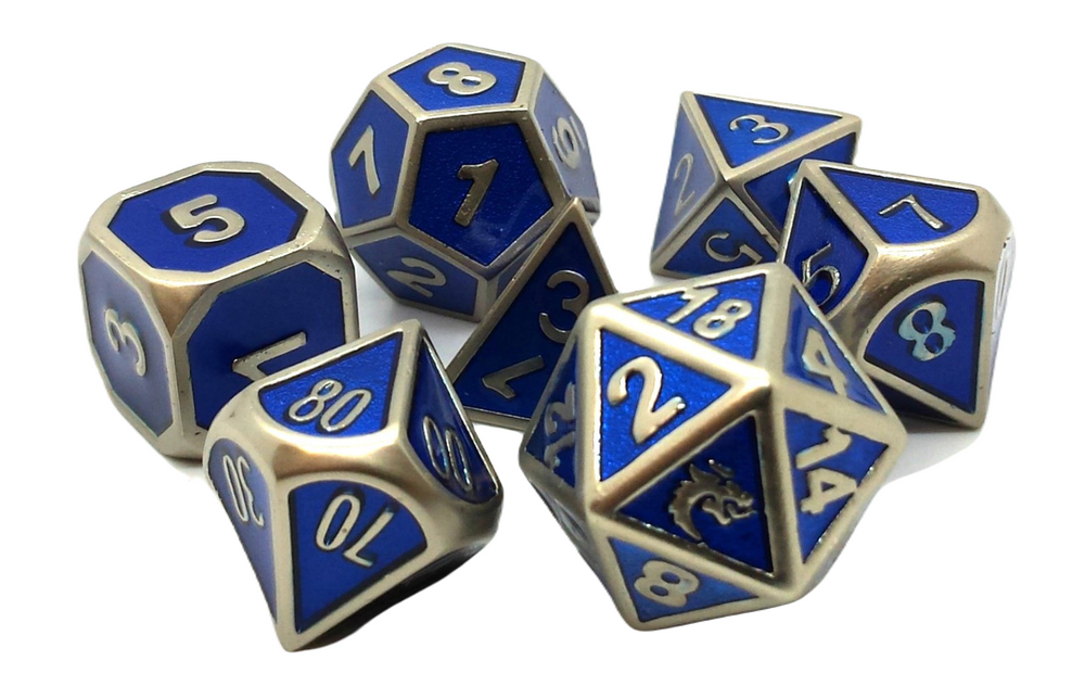 Old School 7 Piece DnD RPG Metal Dice Set: Elven Forged - Metallic Blue