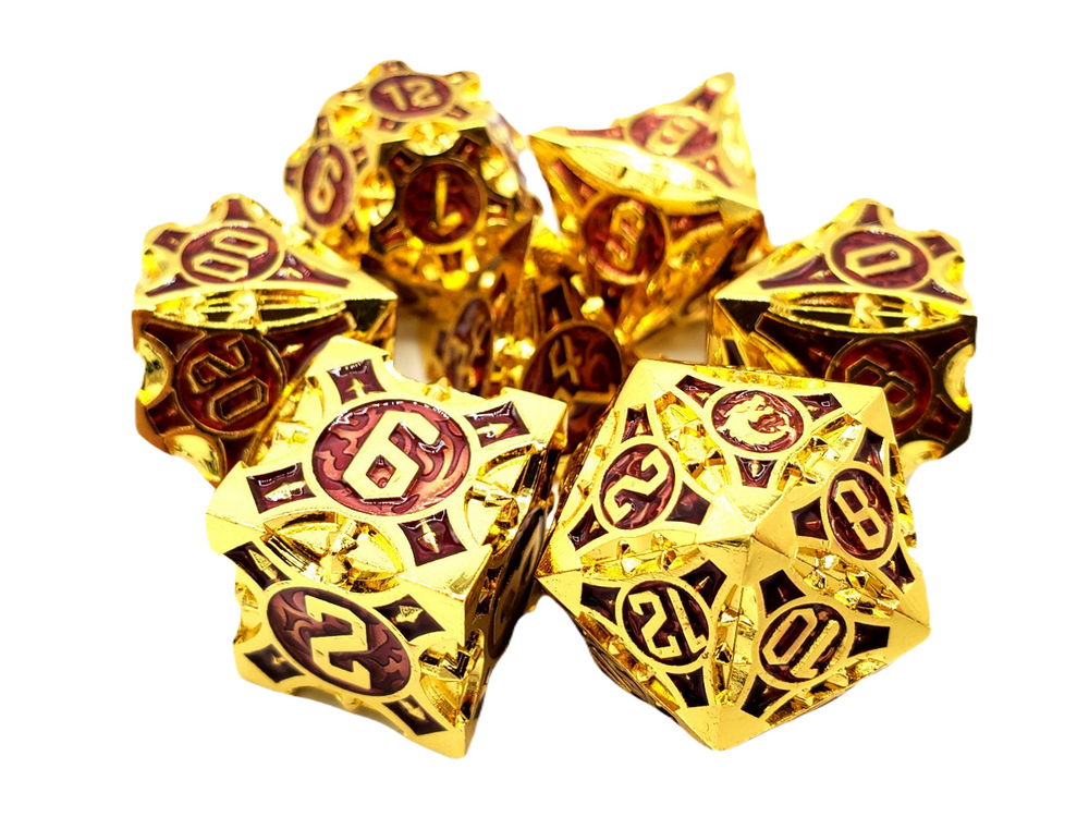 Old School 7 Piece DnD RPG Metal Dice Set: Gnome Forged - Gold w/ Purple