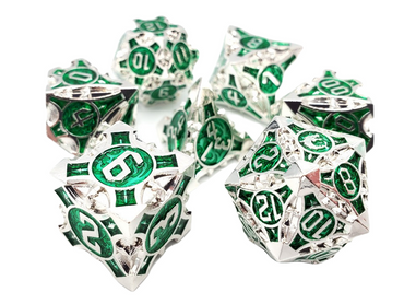 Old School 7 Piece DnD RPG Metal Dice Set: Gnome Forged - Silver w/ Green