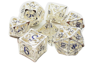 Old School 7 Piece DnD RPG Metal Dice Set: Hollow Dragon Dice - Silver w/ Blue