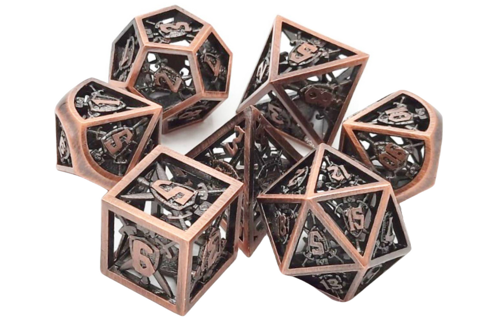 Old School 7 Piece DnD RPG Metal Dice Set: Hollow Sword & Shield Dice - Brushed Copper