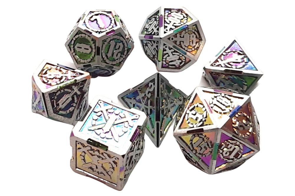 Old School 7 Piece DnD RPG Metal Dice Set: Knights of the Round Table - Spectral w/ Silver