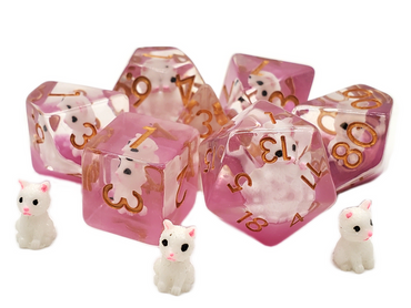 Old School 7 Piece DnD RPG Dice Set: Animal Kingdom - Cat - White w/ Pink