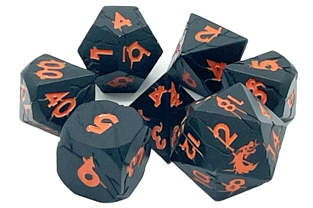 Old School 7 Piece DnD RPG Metal Dice Set: Orc Forged - Matte Black w/ Orange