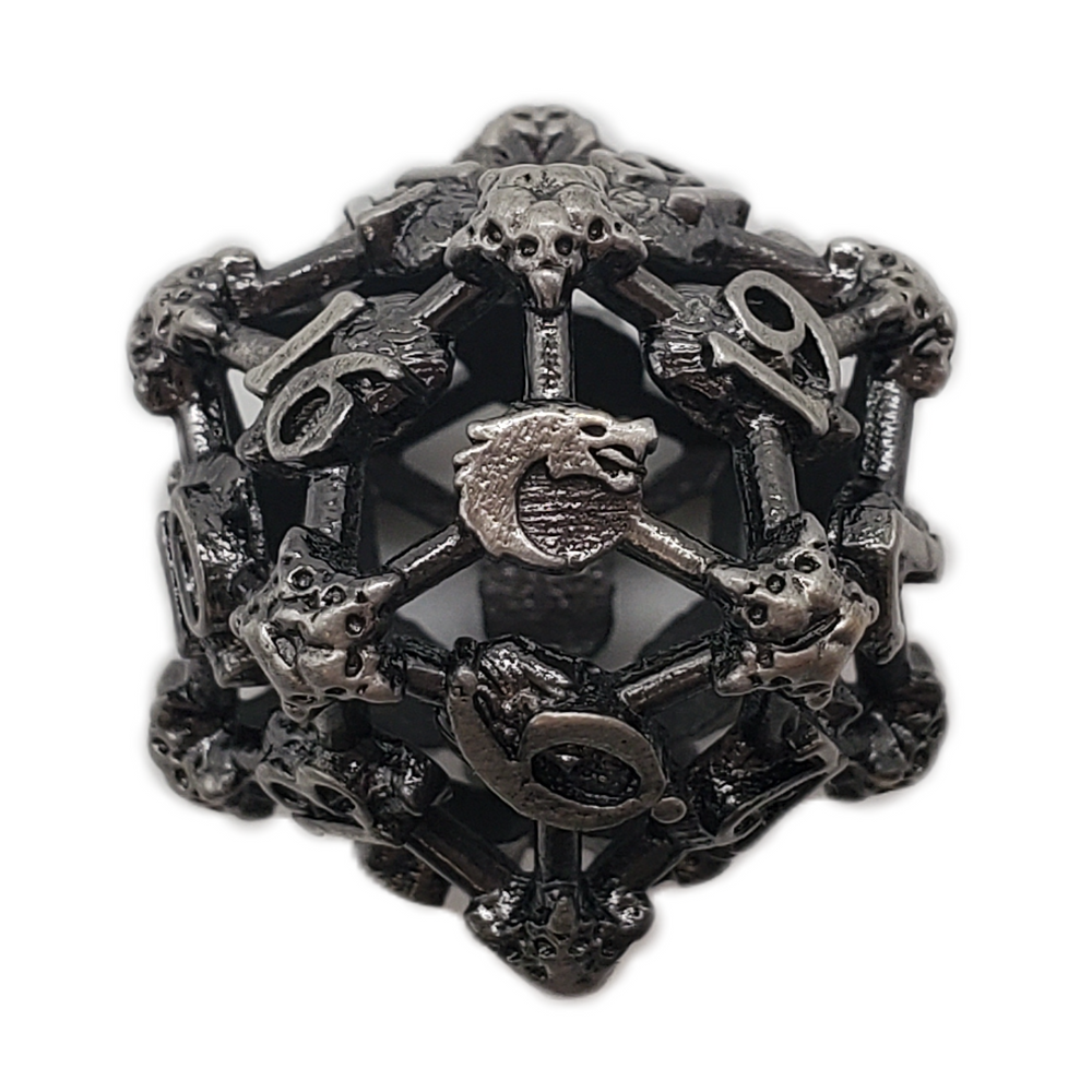 Old School Dice: Hollow Metal D20 Spindown - Skull - Ancient Silver