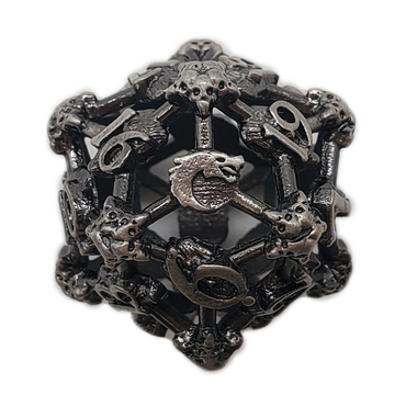 Old School Dice: Hollow Metal D20 Spindown - Skull - Ancient Silver