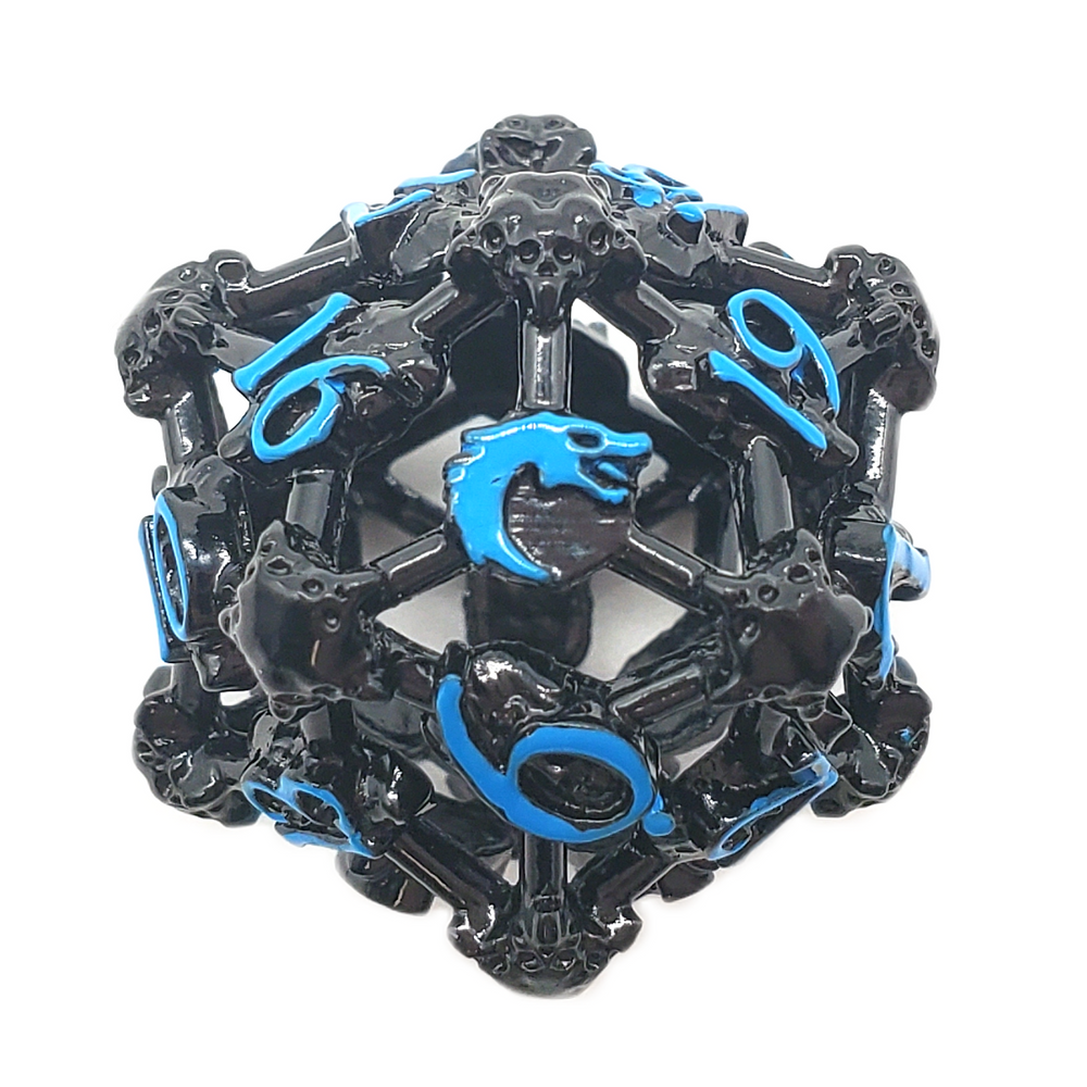 Old School Dice: Hollow Metal D20 Spindown - Skull - Black Nickel w/ Blue