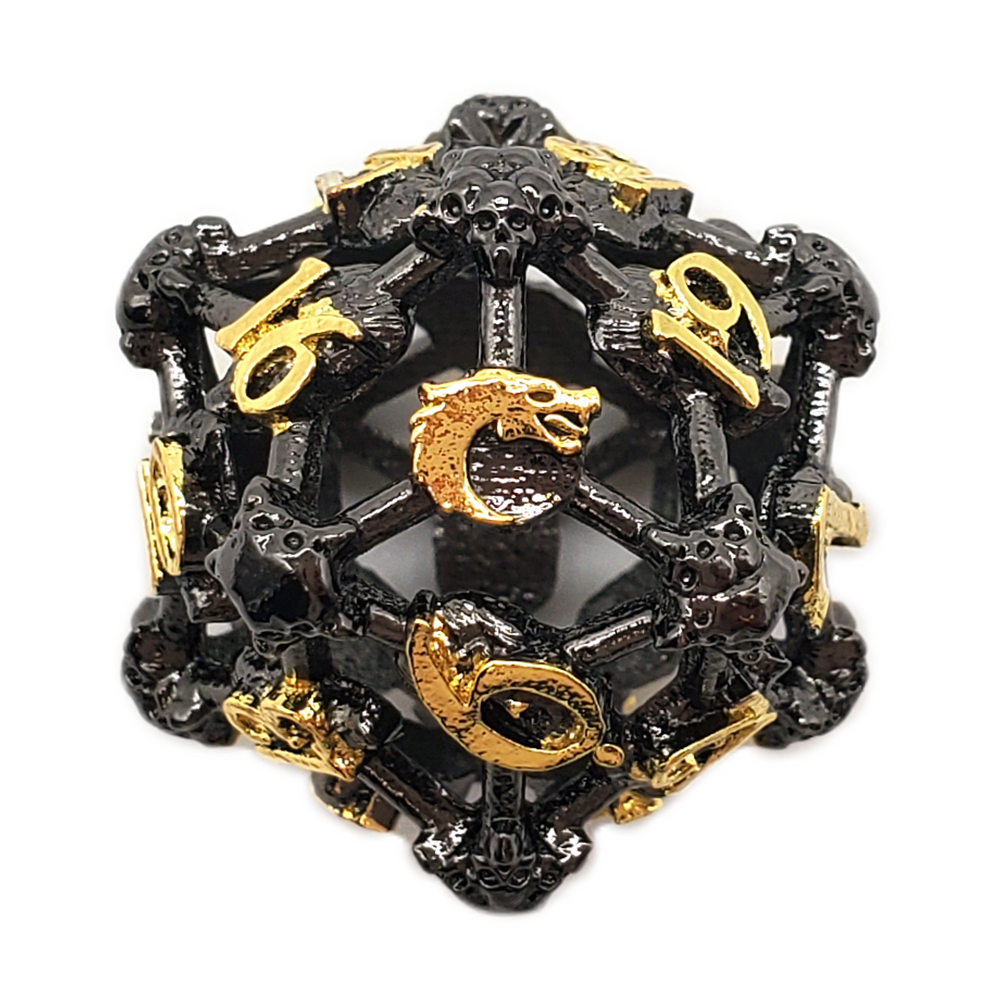 Old School Dice: Hollow Metal D20 Spindown - Skull - Black Nickel w/ Gold