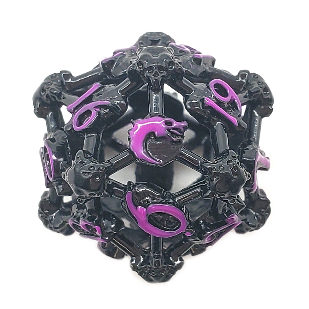 Old School Dice: Hollow Metal D20 Spindown - Skull - Black Nickel w/ Purple