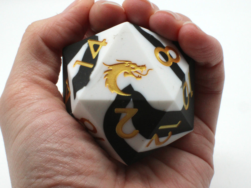 Old School Dice: Silicone 50mm D20 - Black & White w/ Gold