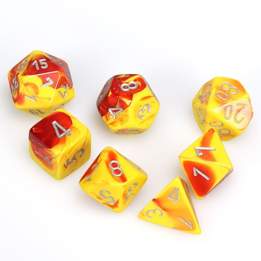 Dice 7ct Polyhedral Gemini Red-Yellow With Silver Text