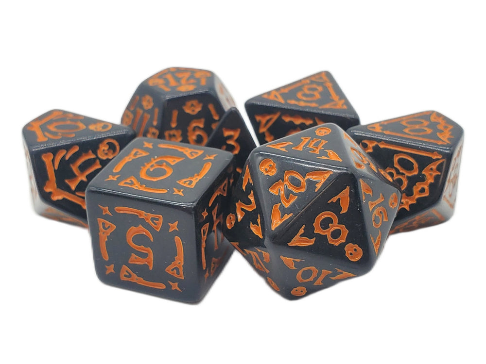 Old School 7 Piece DnD RPG Dice Set: Rune Dice - All Hallows Eve - Black w/ Orange