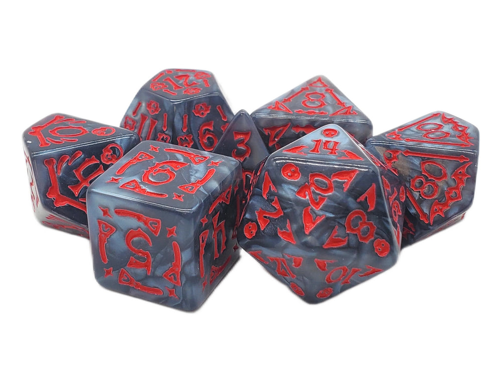 Old School 7 Piece DnD RPG Dice Set: Rune Dice - All Hallows Eve - Black w/ Red