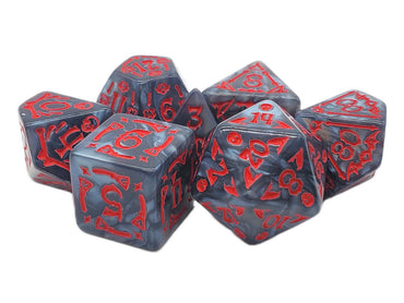 Old School 7 Piece DnD RPG Dice Set: Rune Dice - All Hallows Eve - Black w/ Red