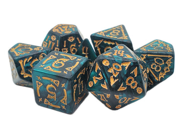 Old School 7 Piece DnD RPG Dice Set: Rune Dice - All Hallows Eve - Green w/ Gold