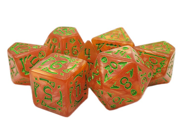 Old School 7 Piece DnD RPG Dice Set: Rune Dice - All Hallows Eve - Gold w/ Red