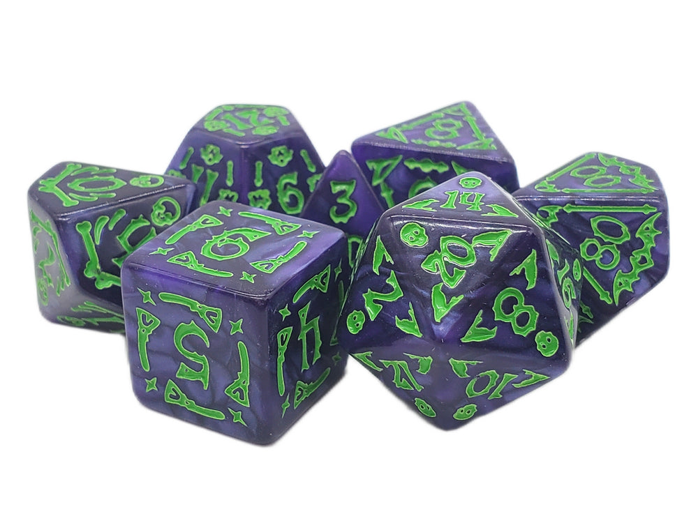 Old School 7 Piece DnD RPG Dice Set: Rune Dice - All Hallows Eve - Purple w/ Green