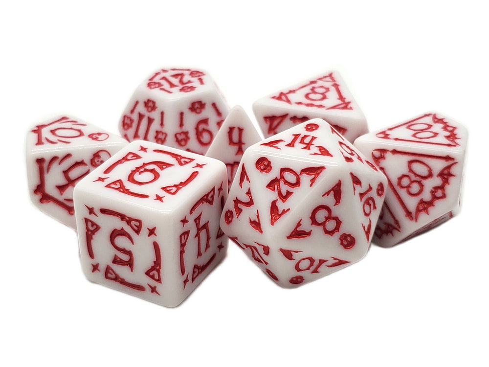 Old School 7 Piece DnD RPG Dice Set: Rune Dice - All Hallows Eve - White w/ Red