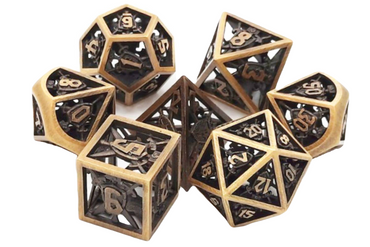 Old School 7 Piece DnD RPG Metal Dice Set: Hollow Sword & Shield Dice - Brushed Gold