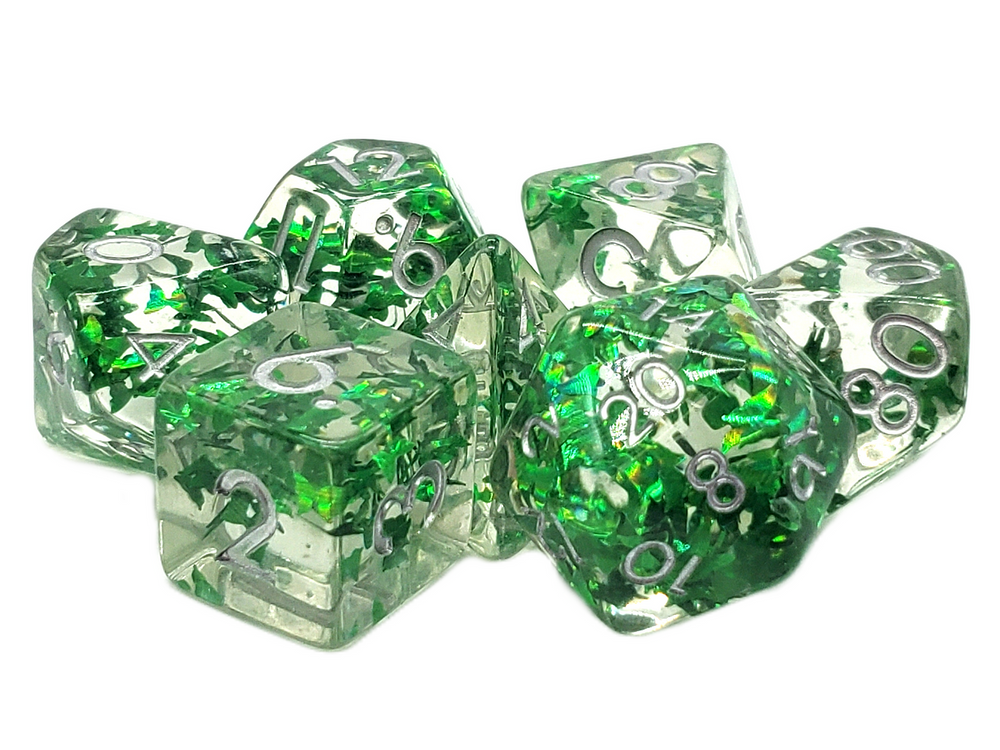 Old School 7 Piece DnD RPG Dice Set: Infused - Green Butterfly w/ Silver