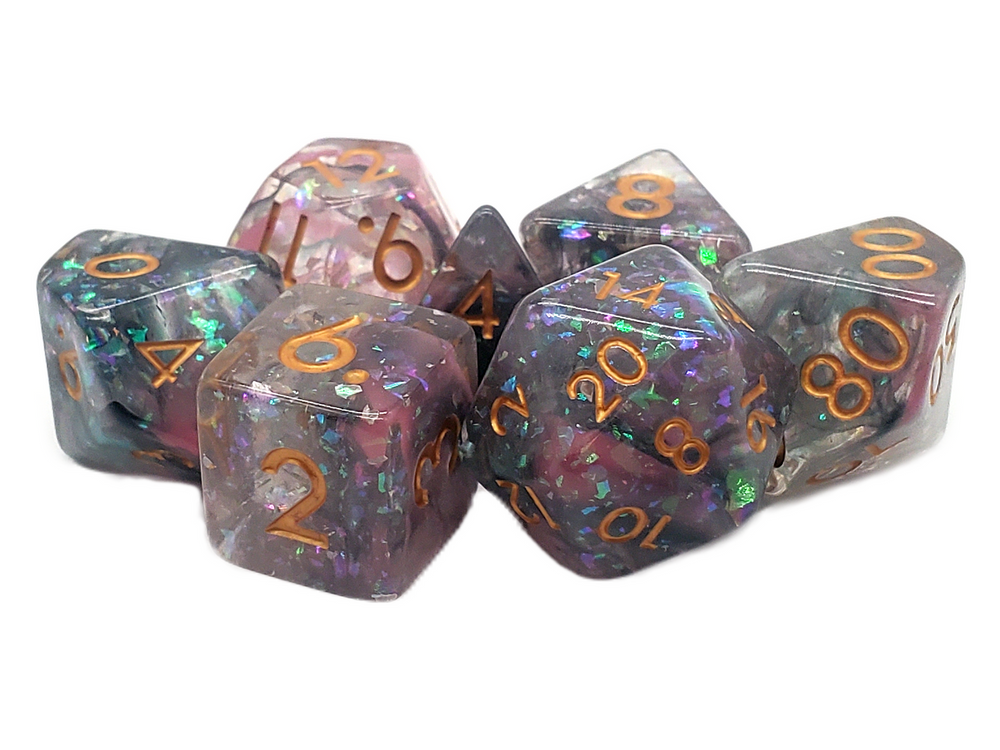 Old School 7 Piece DnD RPG Dice Set: Particles - Pink, Green & Black Mist