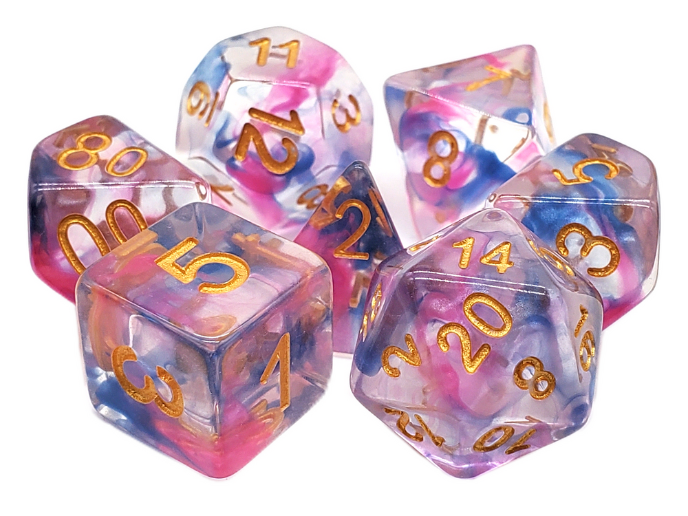 Old School 7 Piece DnD RPG Dice Set: Nebula - Rose Red & Blue