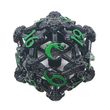 Old School Dice: Hollow Metal D20 Spindown - Skull - Black Nickel w/ Green