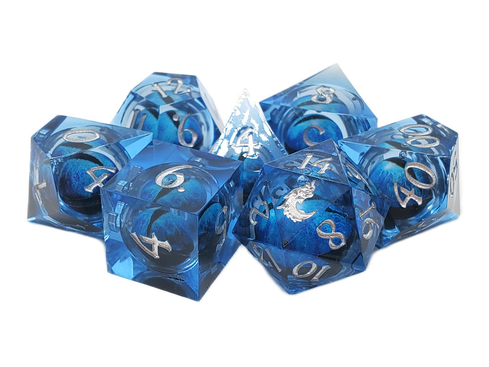Old School Dice: Sharp Edged 7-Piece Dice Set - Liquid Infused - Serpent's Eye - Blue w/ Blue Eye