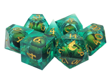 Old School Dice: Sharp Edged 7-Piece Dice Set - Liquid Infused - Serpent's Eye - Green w/ Green Eye