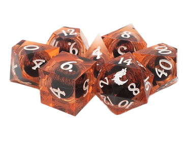 Old School Dice: Sharp Edged 7-Piece Dice Set - Liquid Infused - Serpent's Eye - Orange w/ Orange Eye