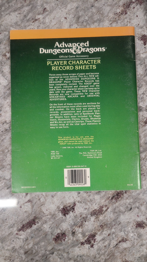 1980 AD&D REF2 Player Character Record Sheets TSR 9028