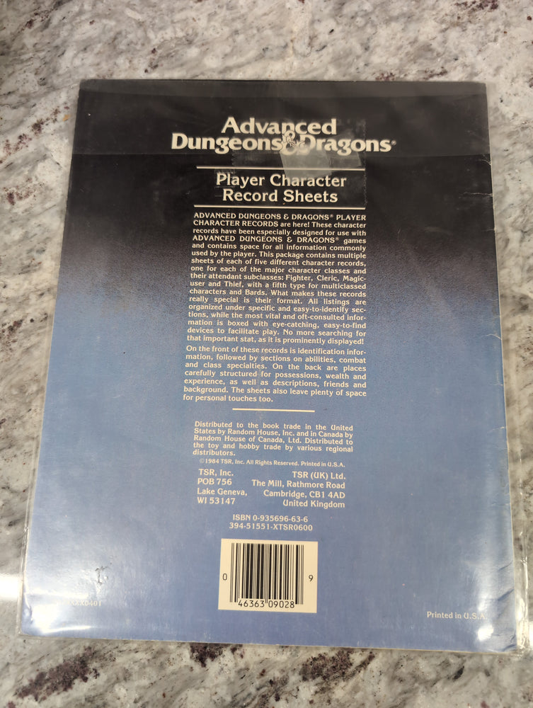 TSR Advanced Dungeons & Dragons Player Character Record Sheets MPN 9028 1988