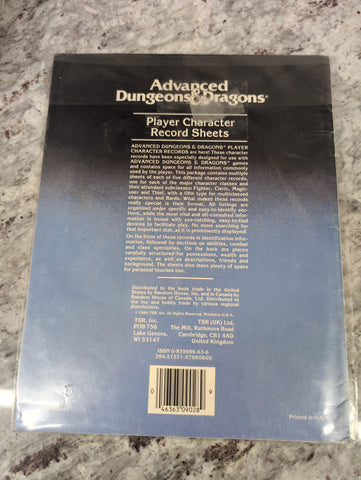 TSR Advanced Dungeons & Dragons Player Character Record Sheets MPN 9028 1988