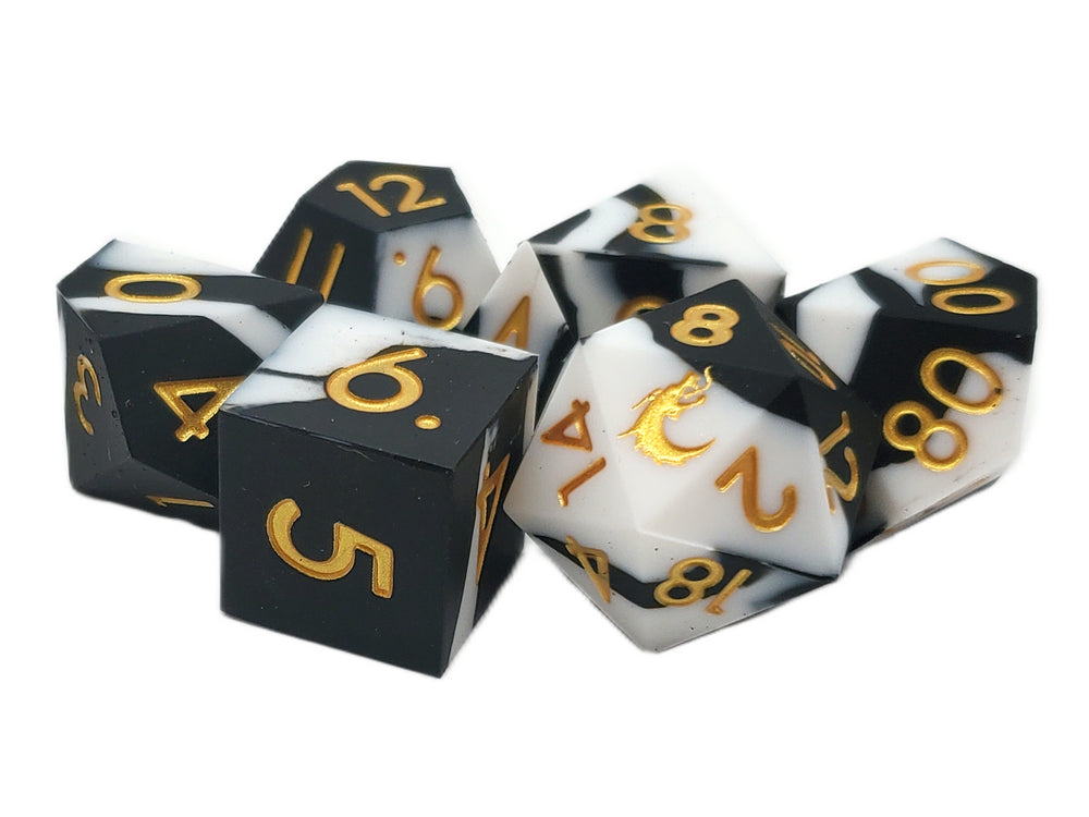 Old School Dice: Silicone 7-Piece Sets - Black & White w/ Gold