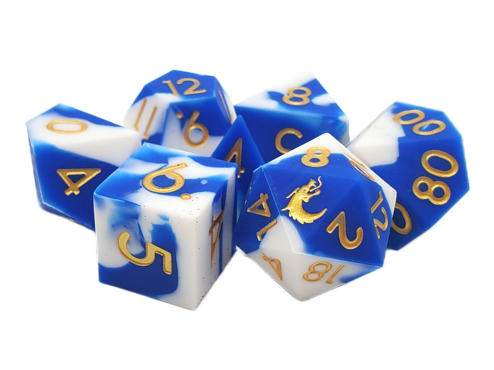 Old School Dice: Silicone 7-Piece Sets - Blue & White w/ Gold