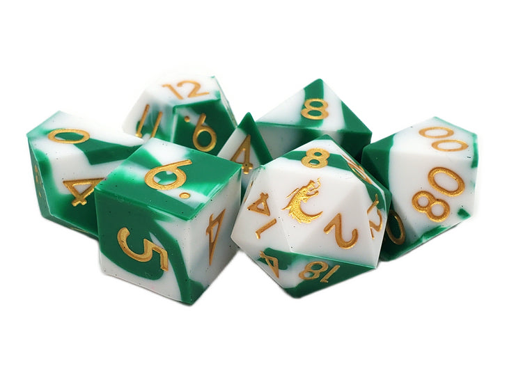 Old School Dice: Silicone 7-Piece Sets - Green & White w/ Gold