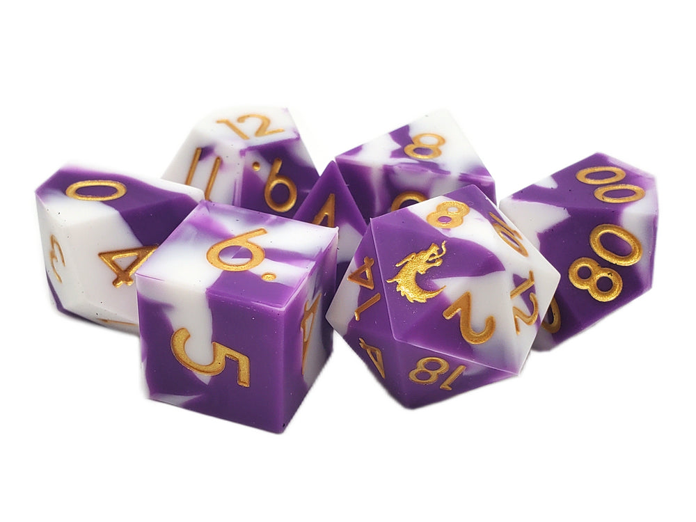 Old School Dice: Silicone 7-Piece Sets - Purple & White w/ Gold
