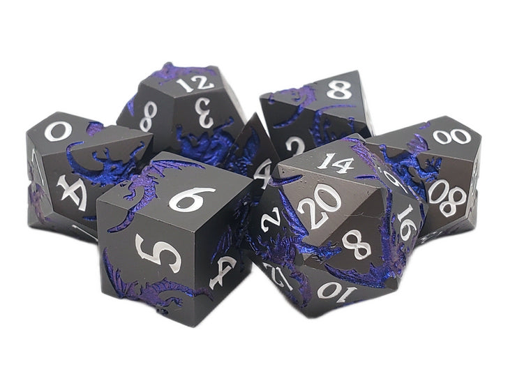 Old School 7 Piece DnD RPG Metal Dice Set: Soaring Dragon - Matte Black w/ Blue