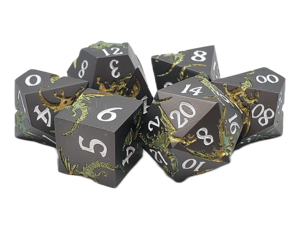 Old School 7 Piece DnD RPG Metal Dice Set: Soaring Dragon - Matte Black w/ Gold