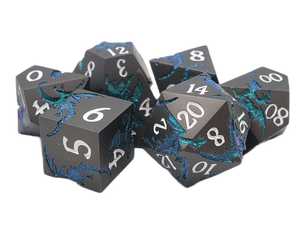 Old School 7 Piece DnD RPG Metal Dice Set: Soaring Dragon - Matte Black w/ Green