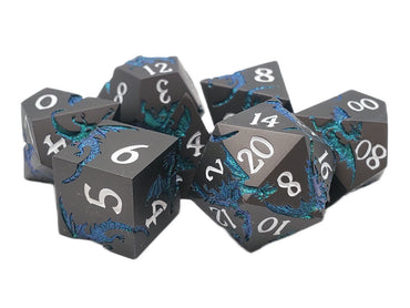 Old School 7 Piece DnD RPG Metal Dice Set: Soaring Dragon - Matte Black w/ Green