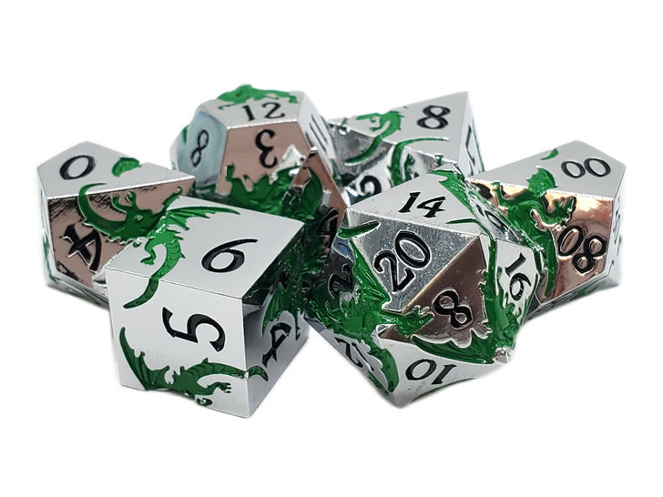 Old School 7 Piece DnD RPG Metal Dice Set: Soaring Dragon - Silver w/ Green