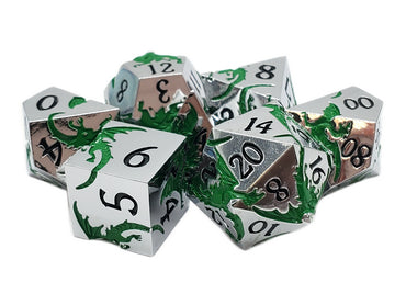 Old School 7 Piece DnD RPG Metal Dice Set: Soaring Dragon - Silver w/ Green