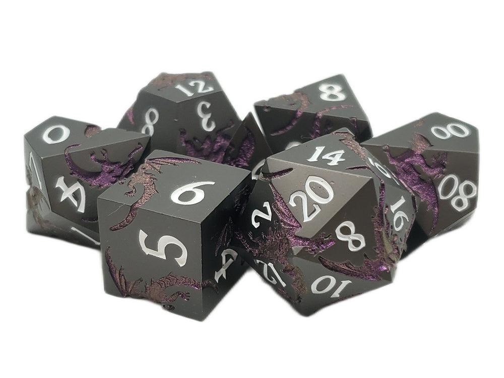 Old School 7 Piece DnD RPG Metal Dice Set: Soaring Dragon - Matte Black w/ Purple