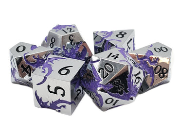 Old School 7 Piece DnD RPG Metal Dice Set: Soaring Dragon - Silver w/ Purple